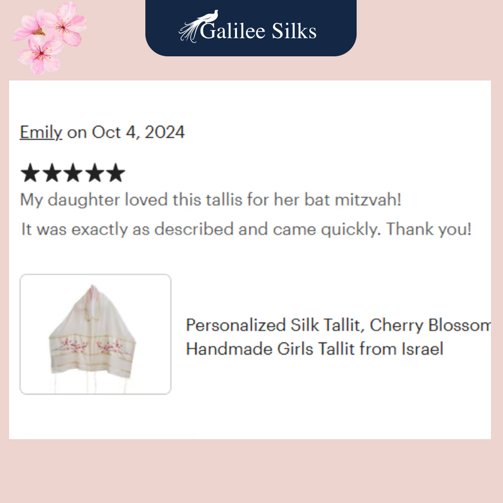 Cherry Blossom Silk Tallit, Girls Tallit Tzitzit, Bat Mitzvah Tallit Set