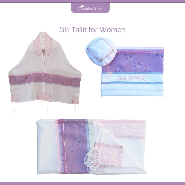 Silk Tallit for Women with Pink Panel and Flowers, Girls Tallit, Bat Mitzvah Tallit collage
