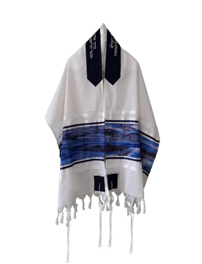 Moon Surface & Sea Hand Painted Silk on Wool Tallit front, Bar Mitzva Tallit, Tzitzit